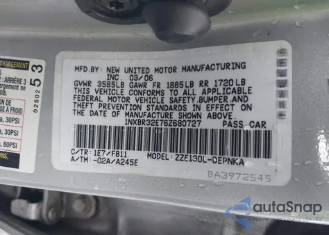 2006 Toyota Corolla Le z USA, uszkodzony, nr VIN 1NXBR32E76Z680727